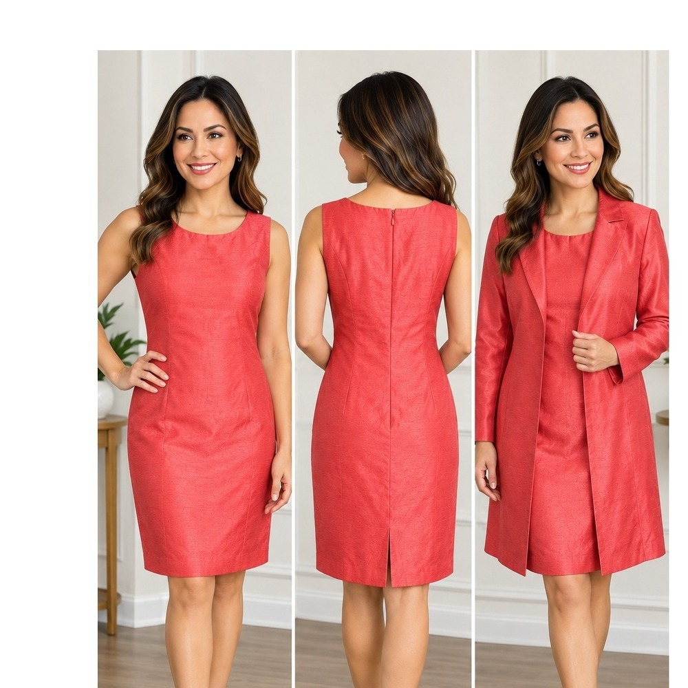 Le Suit Petite Coral Pink Shantung Sheath Dress and Longline Jacket Set 10P Y2K